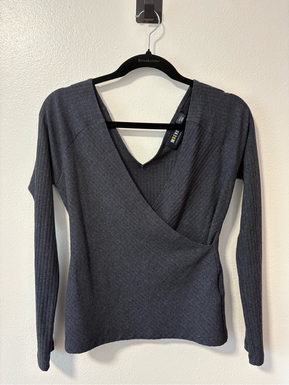 Maeve Charcoal Ribbed Wrap-Front Long Sleeve Top